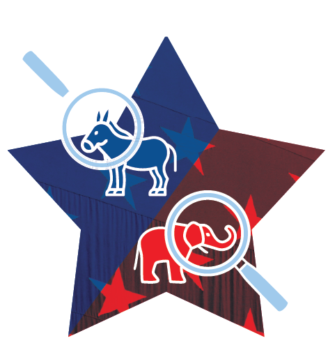 An icon of a donkey and elephant, both being magnified by a magnifying glass