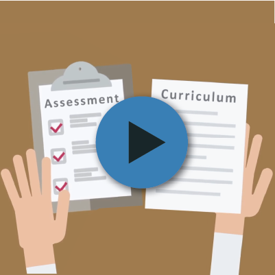 Illustration of one hand holding a clipboard with an assessment and another hand holding curriculum