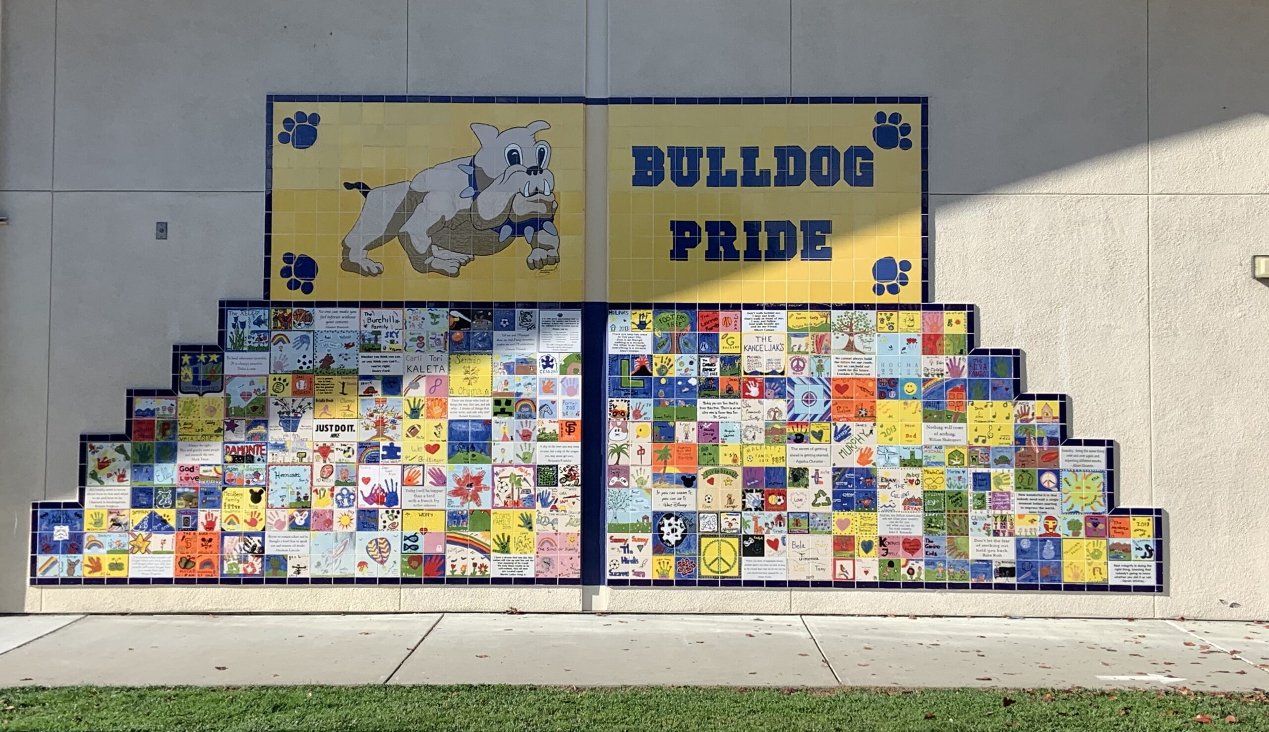 Wall of Colorful tiles outside of elementary school